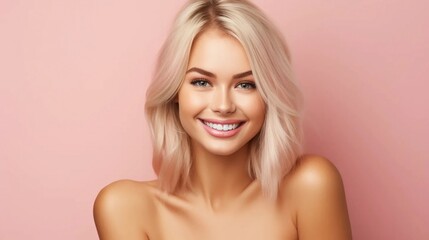 Fototapeta premium Happy blonde on pink background, young woman with beautiful hair, healthy complexion