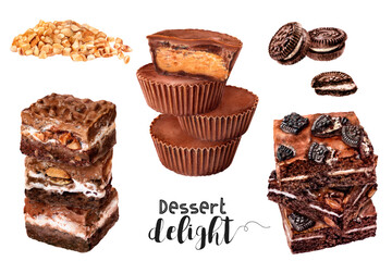 Watercolor illustration of sweet dessert close up. Design template for packaging, menu, postcards.  PNG