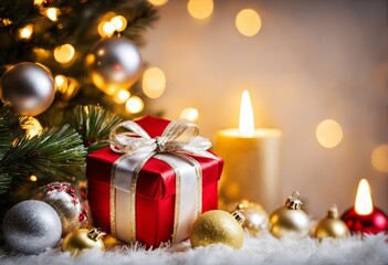 Fototapeta na wymiar a christmas present with a candle, christmas balls and a christmas tree - for christmas cards and other christmas related topics