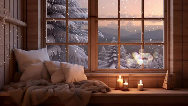 By the window, a cozy seat is bathed in the warm glow of a candle, creating a serene ambiance against the backdrop of a gentle snowfall at night. Seamless Looping Time Lapse Footage. Generated with Ai