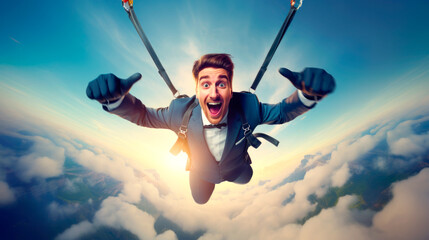 caucasian businessman jumping with parachute in suit excited skydiving
