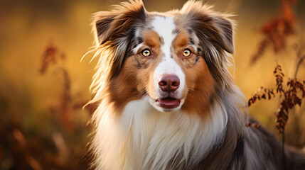 Fototapeta premium Majestic Australian Shepherd Dog with Multicolored Coat in Autumn Light