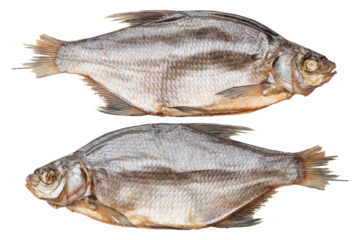 Fish. Dried or Dry seafood snack for beer. Salted sun-dried, jerked or smoked fish. Taranka, vobla. Russian or Ukrainian food. Caspian roach fish. Dead fish. High resolution. Isolated background