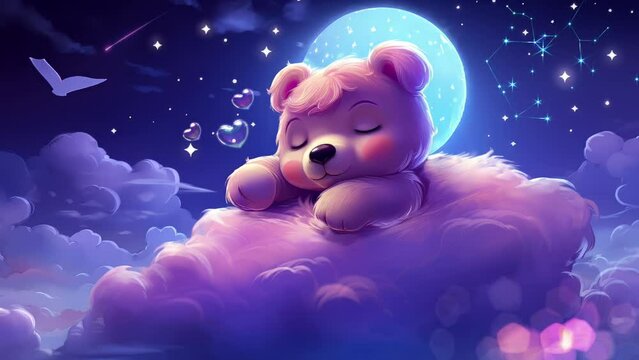 Lovely Lullaby for Baby Bear Sleep on cloud in Love, Cozy and Nice Dream at Night. 4k Quality Looping Footage. Generated with Ai