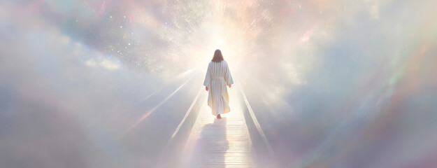 A serene figure walks towards celestial light on a path to the heavens