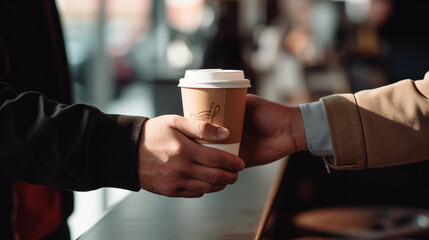 a hand handing over to another hand a plan white papercup coffee with black lid. The scene is a coffeeshop with bright light. 