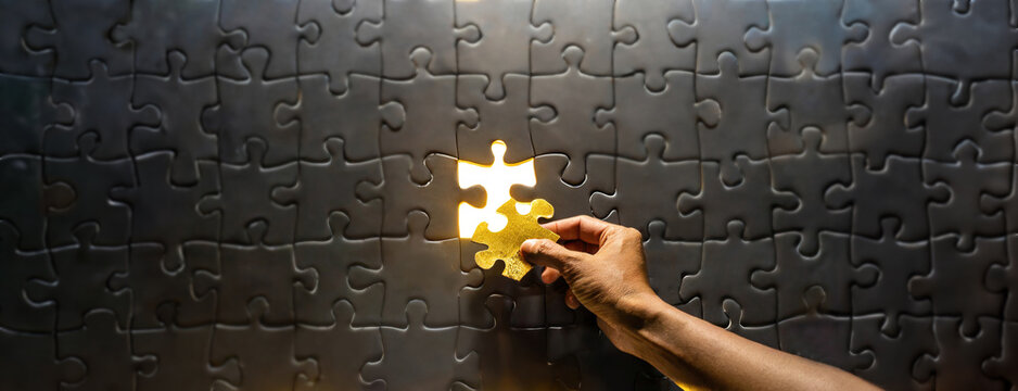 Illuminating Solutions: The Missing Puzzle Piece. Copy space, panorama, AI-generated.