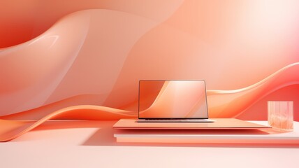 A laptop on a peach-hued desk with abstract waves in the background
