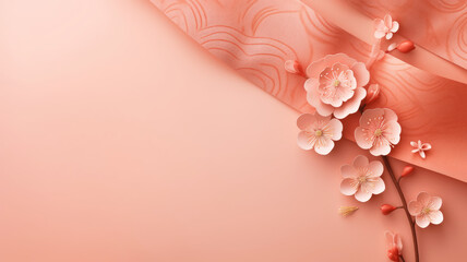 Flowing satin fabric with peach blossoms, elegant and artistic presentation