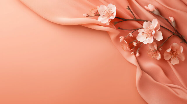 Flowing peach fabric and cherry blossoms on a matching background