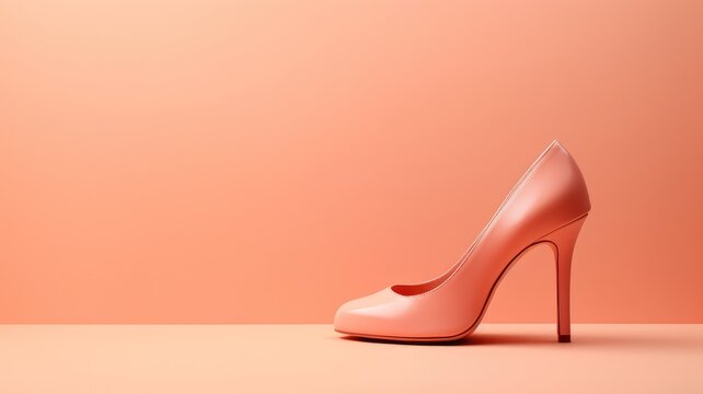 A high-heeled peach shoe on a matching colored background