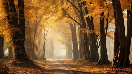 Treelined footpath in morning fog in autumn colored forest
