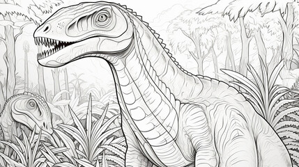 coloring page for kids, Pterosaurs, avian dinosaurs, spinosaurus in a historic like jungle, cartoon style, thick lines, low detail, no shading - obrazy, fototapety, plakaty