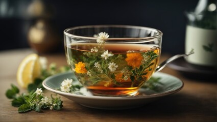 A cup of chamomile tea for a relaxing day - obrazy, fototapety, plakaty