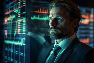 Portrait of a man analyzing financial data. Stock market. Double exposure. High quality photo