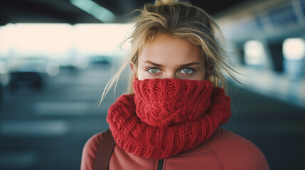 Photo of an enormous turtleneck covering the face over mouth of a beautiful caucasian disgusted young sun tan brown-eyed blonde ponytail woman wearing a fiery red cashmere sweater airport - obrazy, fototapety, plakaty