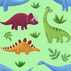 Dinosaurs seamless pattern. Cute dinos children illustration. Isolated on green background