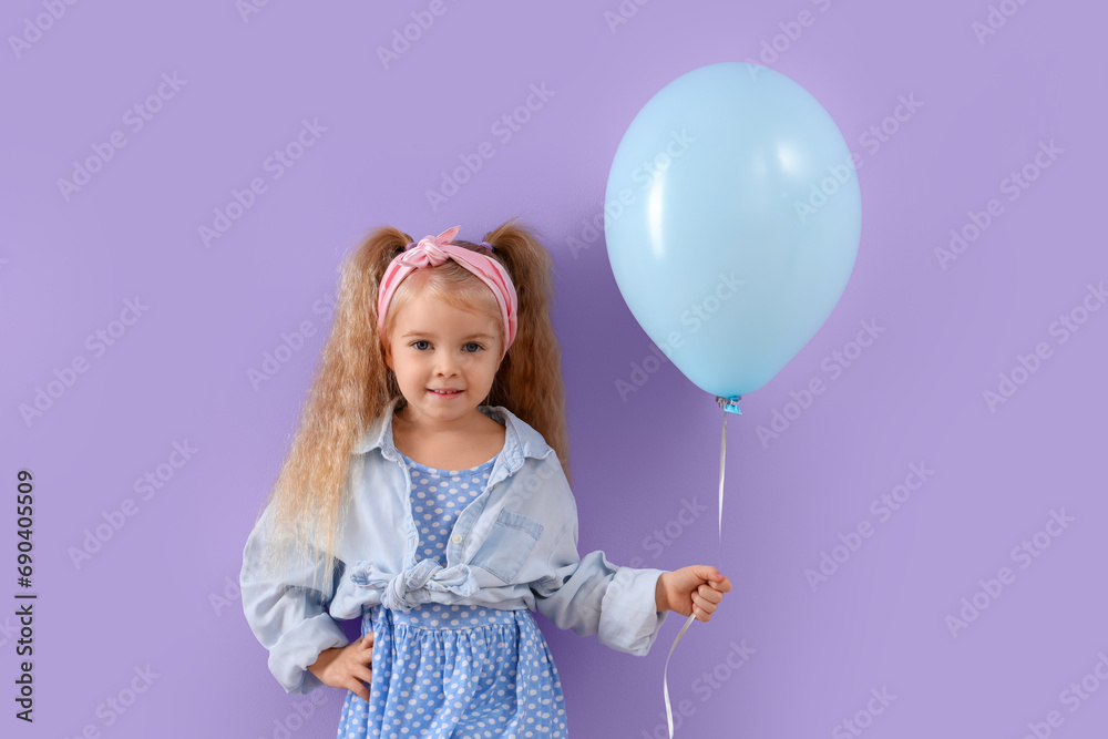 Sticker cute little girl with beautiful balloon on purple background