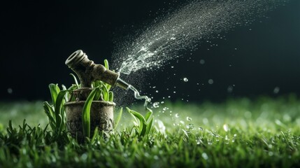 Watering the grass with a water pressure nozzle - obrazy, fototapety, plakaty