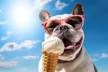 Funny animal pet summer holiday vacation photography banner - Closeup of bulldog dog with...