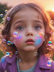 Happy child with colorful bubbles at sunset