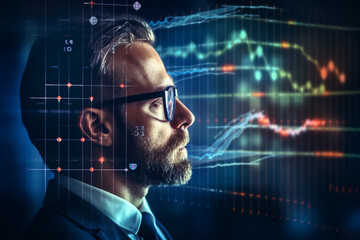 Portrait of a man analyzing financial data. Stock market. Double exposure. High quality photo