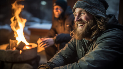 Fototapeta premium Warm Companionship: Two Men Enjoying a Laugh by the Cabin Fire