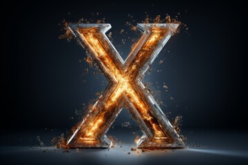 Volumetric capital letter X made of metal. Effect of metal heated for forging, with flames, sparks and smoke. Workpiece for spectacular 3D text. Mockup. Isolated on black.