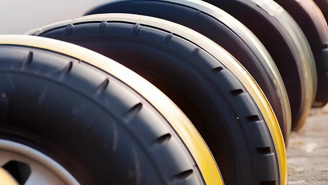 The wide set tires of a classic yellow and black dragster racing car ready for the track. Speed drive concept. .