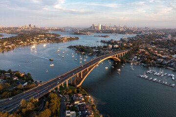 The city of Sydney and the Gladesville bridge and Parramatta river.
