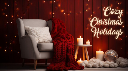 Сozy white chair with red blanket candles and decoration Christmas mood Cozy family atmosphere