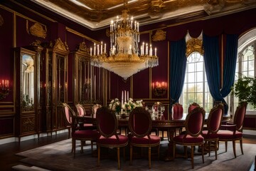 A regal dining room featuring a grand Baroque-style chandelier, sumptuous draperies, and a rich color palette