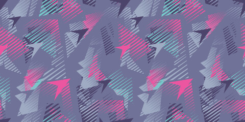 Seamless geometric pattern with lines, bite geometrical elements. Geometrical ornament for girl textile, fashion clothes. Arrows print