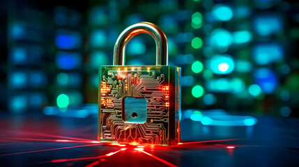 Golden Padlock on Electronic Circuit Board with Blurred Background, Cybersecurity concept, Data Privacy, Data Protection, Digital Security