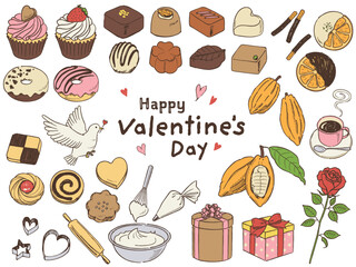 オシャレなバレンタインセット_手描きカラー_ベクターイラスト