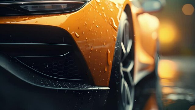 Closeup of the rain bouncing off the glossy finish of a topoftheline sports car, accentuating its status and exclusivity.