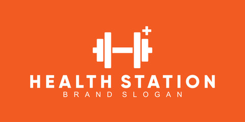 Gym or health station  logo with barble shape and health symbol