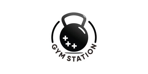 Gym station logo with barble shape and health symbol