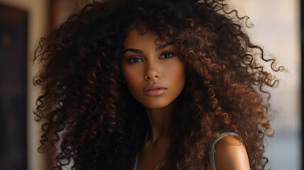 Portrait of a young woman with beautiful long curly hair, ai generative