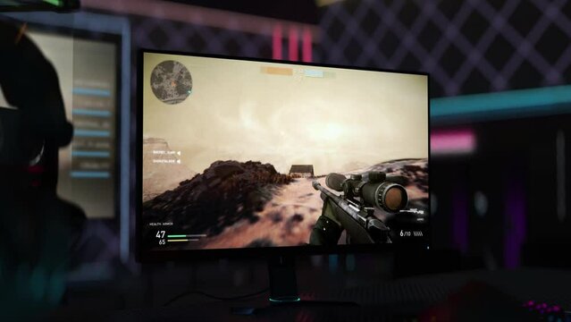 Animation Of Multiplayer Combat Match In Modern War Game On PC. Sniper Destroys Combat Vehicle Of Enemy Team In Online PC Game. Military Combat Video Game. PC Gaming. Explosion. Warfare