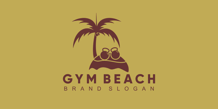 Gym Beach  logo with palm shape and barble symbol