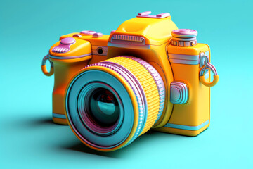 Cute yellow toy digital camera on blue background - obrazy, fototapety, plakaty