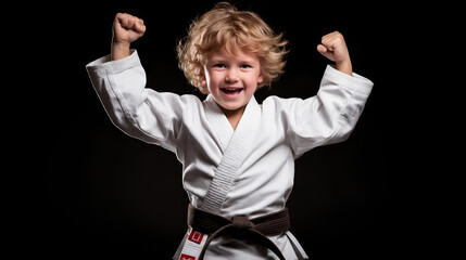 Happy Pre-teen Male Kid in a Victory Pose, Wearing a Karate Suit with a Brown Belt Against a Black Background