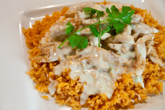 Close-up of Arroz con Pollo, Grilled Chicken on Seasoned Rice with Creamy Sauce and Cilantro Garnish