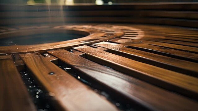 Closeup of the intricate wooden slat flooring that lines the interior of the ofuro tub, highlighting the attention to detail and craftsmanship of its design.