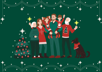 Family celebrating Christmas concept with character scene. Happy grandparents, mother, father and kids in cute ugly sweaters and dog enjoying festive tree. Vector illustration in flat cartoon design