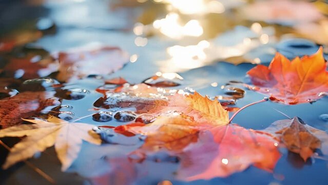Closeup of the vibrant colors and distorted shapes of fall leaves reflected on the smooth surface of the reflective pool, adding a touch of nature to the urban setting.