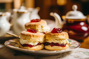 English tea scones, served with clotted cream and jam, represent a traditional British dessert
