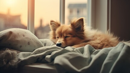 Generative AI, cute dog sleeping on cozy warm blanket near the window, hygge style - obrazy, fototapety, plakaty