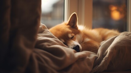 Generative AI, cute dog sleeping on cozy warm blanket near the window, hygge style